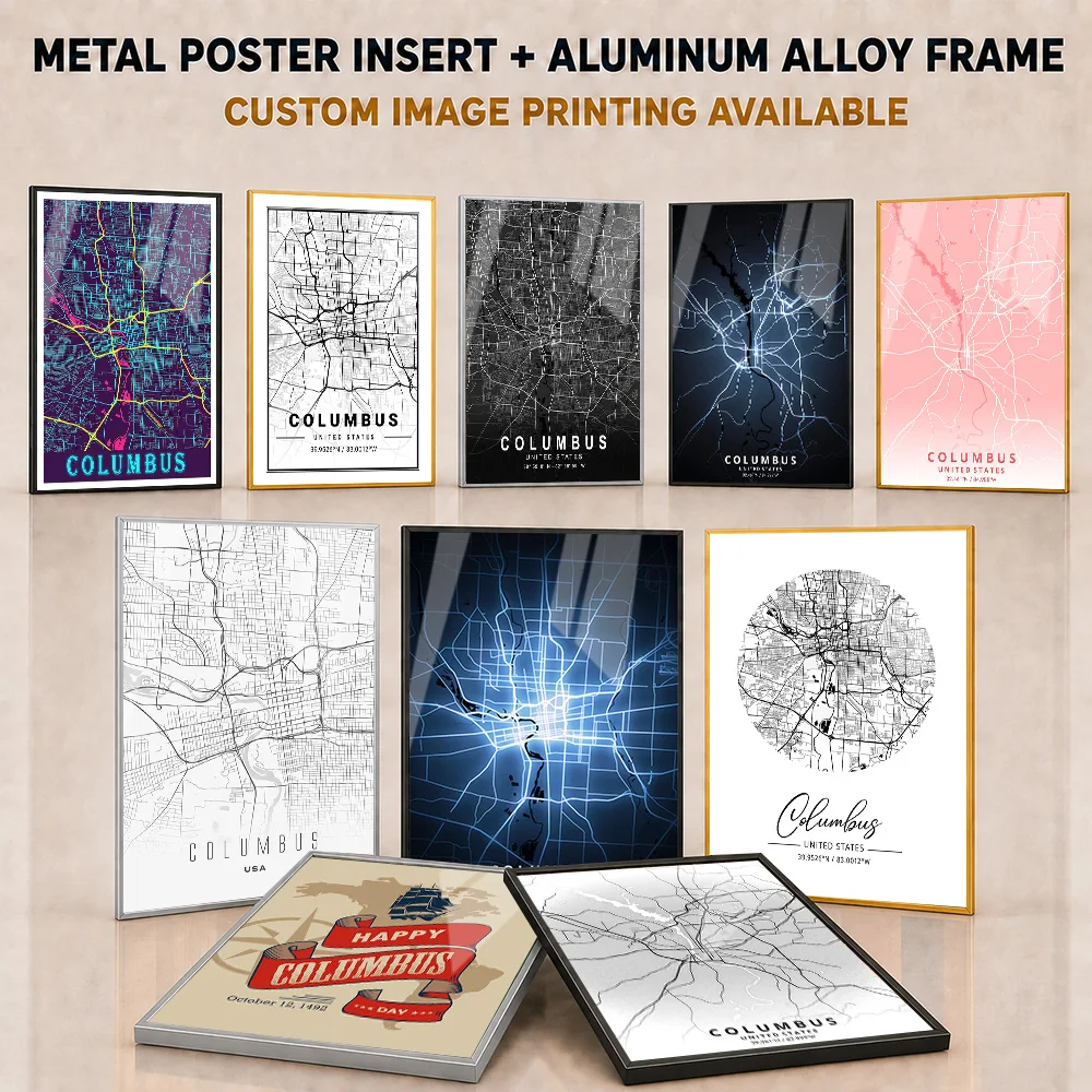 Columbus Framed Metal Poster Personalized Bold Minimalist Cartographic Design Wall Art For Entryway Or Study Explorer Souvenir