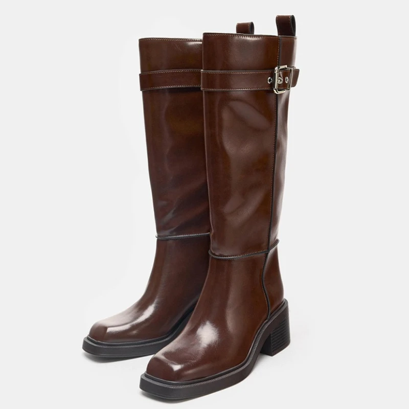 

British Style Brown Knee Boots Women Fashion Belt Buckle Decoration Chunky Heel Platform Boots Vintage Square Toe Designer Boots