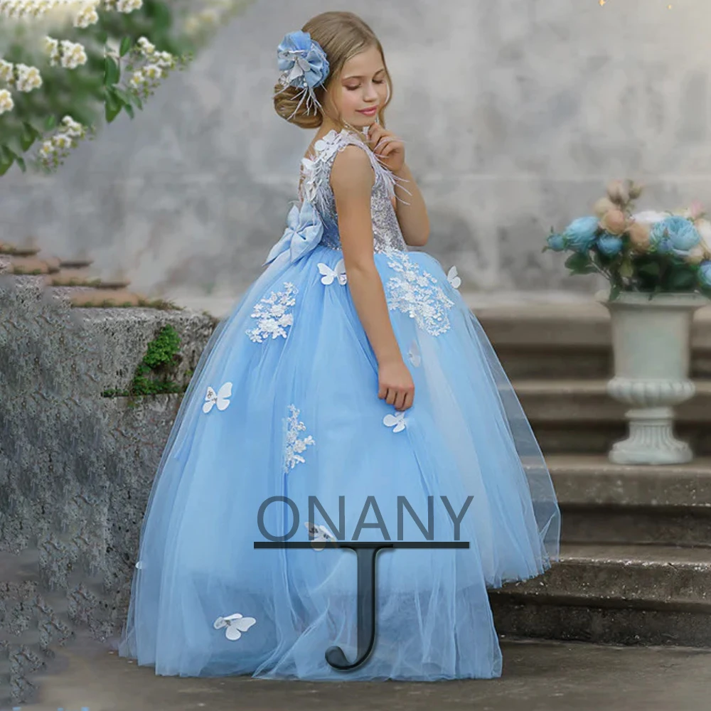 

JONANY Trendy Flower Girl Dress Feathers 3D Flower Appliques Sequines Tulle Ball Gown Little Girl Princess Roupas De Florista