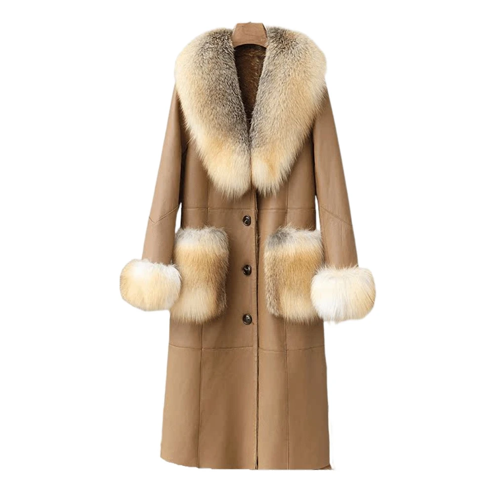 ZDFURS-abrigo de piel de oveja para mujer, abrigo adelgazante de longitud media con cuello de piel de zorro Real, para otoño e invierno, novedad de