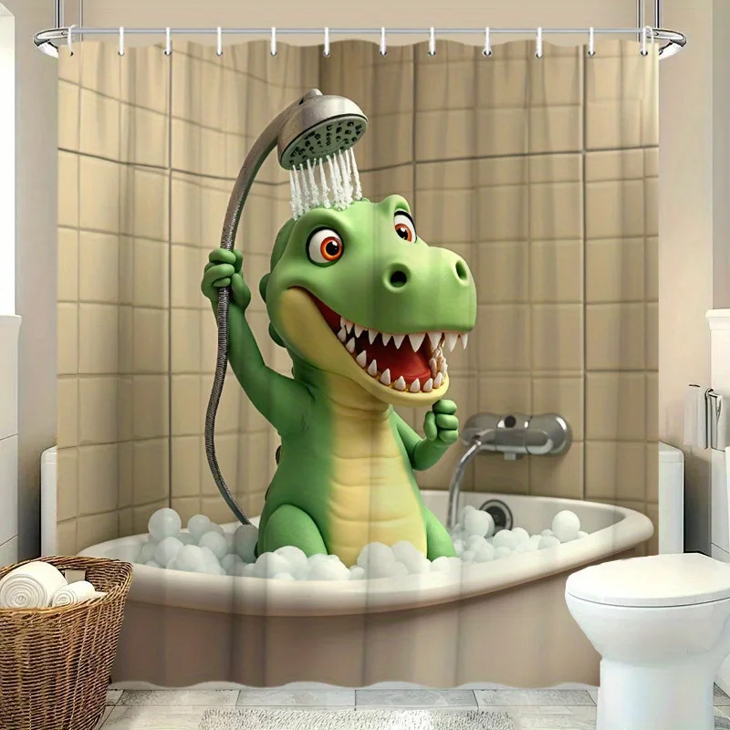 Dinosaur Bathtub Shower Curtain Green Scaly Light Beige Soapy Bubbles Vintage Showerhead