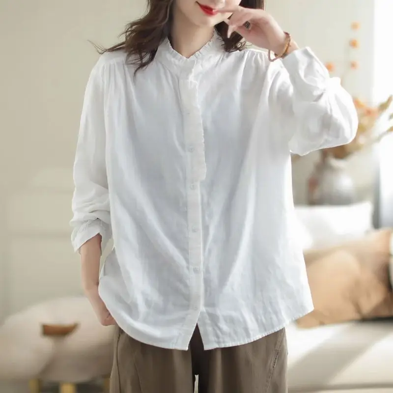 2024 Spring Autumn New Cotton Linen Blouse Crew Neck Button Spliced Ruffles Elegant Loose Casual Long Sleeve Women\'s Shirt Tops