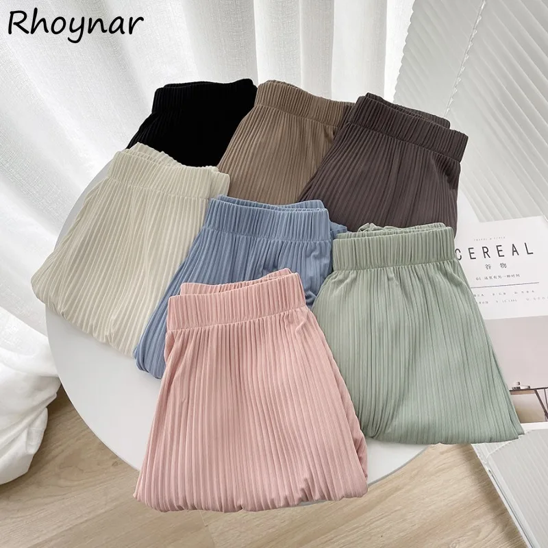 

Solid Pants Women Summer Sweet Girls Thin Straight Leisure Baggy Pleated Design Elastic Waist Mopping Slender Ulzzang Popular