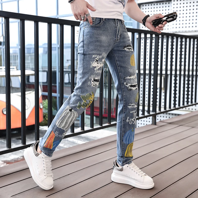 2024Summer Thin Street Personalized Stylish Print Jeans Men's Casual Light Luxury Fashion Elastic Slim Fit Long Skinny Pants