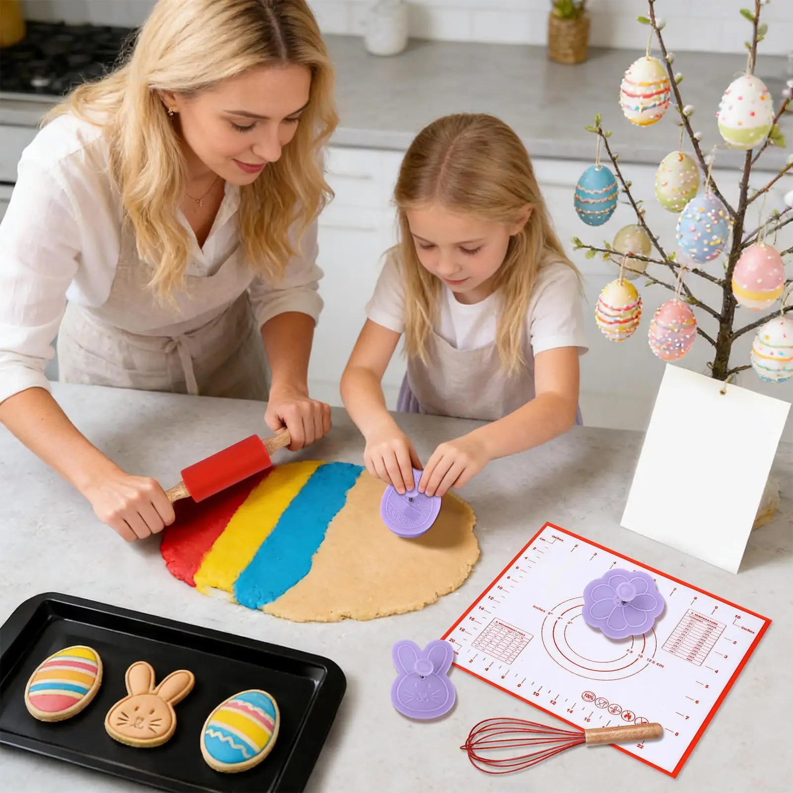 Rolling Pin With Mat Easter Non Stick Pastry Dough Roller Supplies Bunny Egg Design Rolling Pin And Pastry Baking Mat Set For