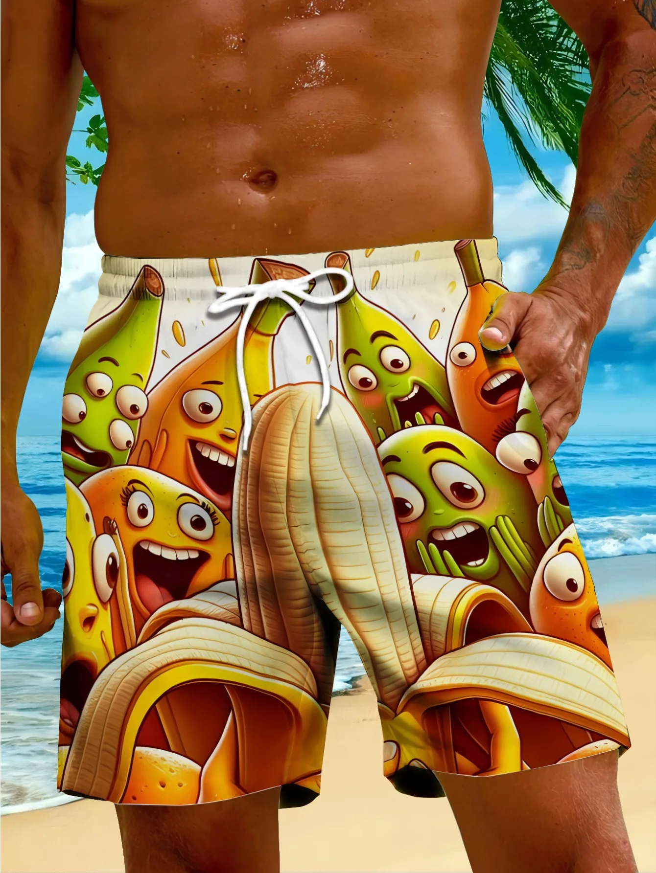 Men'S Beach Shorts with a Fun Summer Cartoon Banana Print And Drawstring Design