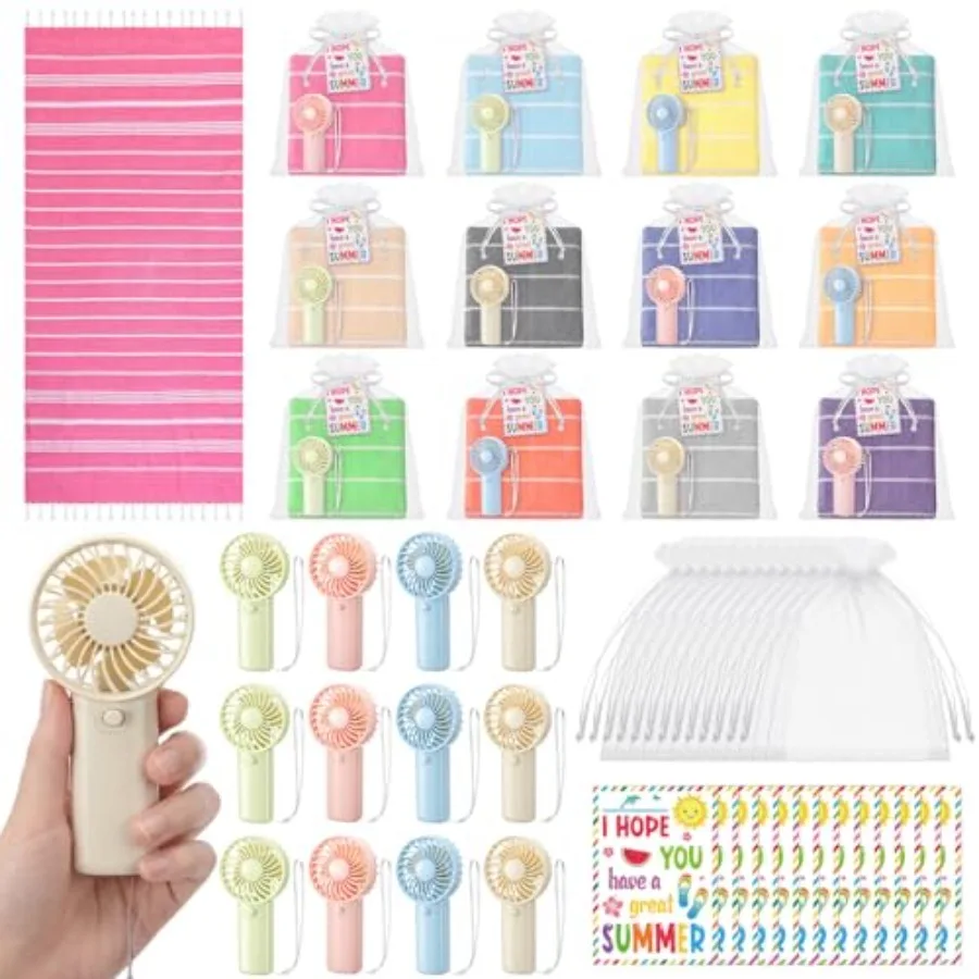 

48 Pcs/12 Sets Turkish Beach Towels Sets 30x60 Mini Portable Handheld Fans Summer Cards Quick Dry Sand-Free Beach Towel Bulk wi