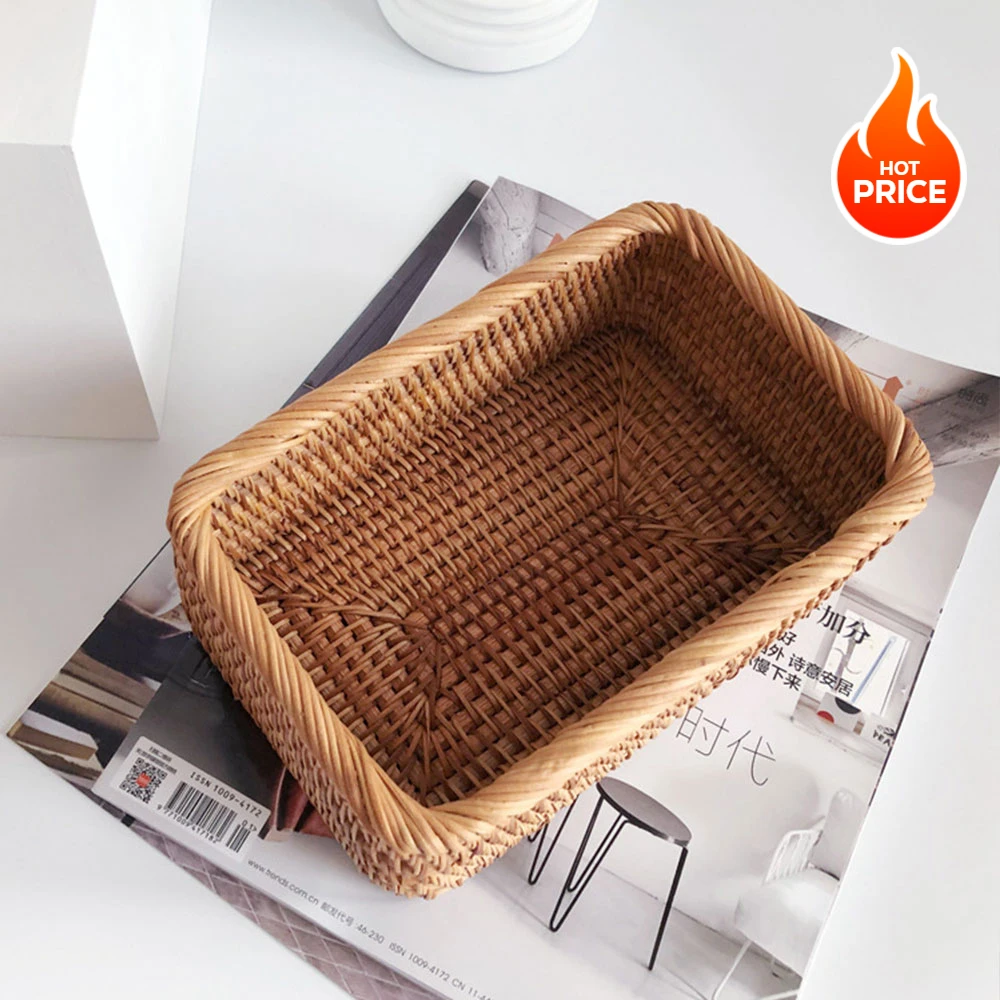 Handwoven Rectangular Rattan Wicker Basket Fruit Tea Snack Bread Picnic Cosmetic Storage Box Kitchen Supplies Household Tools