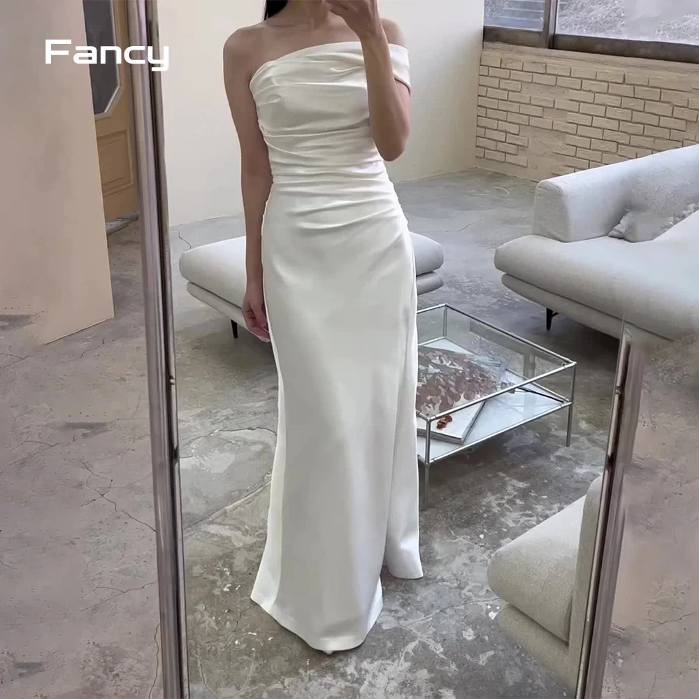 Fancy Elegant One Shoulder Soft Korea Satin Wedding Dress Photo Shoot Sleeveless A Line Bridal Gown Sweep 웨딩드레스 customized