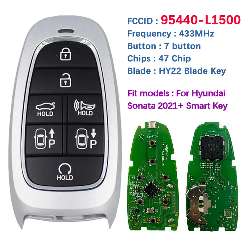 Chave de carro inteligente para Hyundai Sonata, CN020159, Botão PCB 7, Chip Fob 47 remoto, 433Mhz, PN 95440-L1500, £, 2019-2021