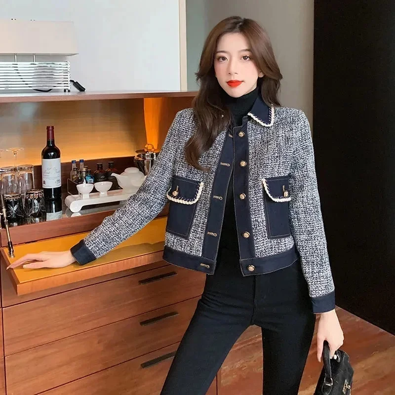 

Xiaoxiangfeng Denim Coat Women Spring Autumn 2023 New Design Sense Contrast Color Panel Loose Short Sleeve Top Trendy Commuter V