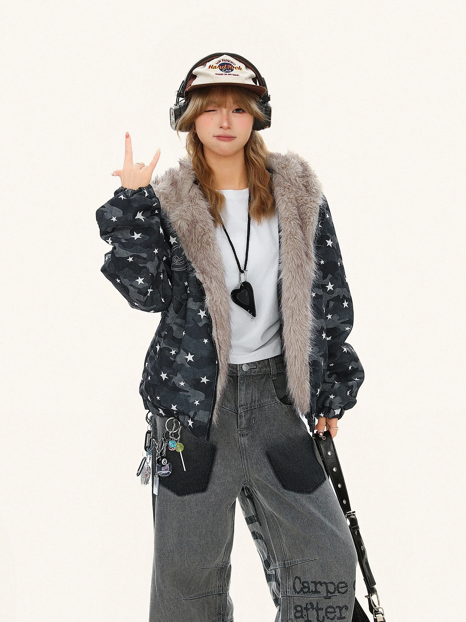 

Thiened American Sle Камуфляжный звездный принт Женская хлопковая куртка с капюшоном Теплая верхняя одежда Длинное пальто Све на молнии Ca...