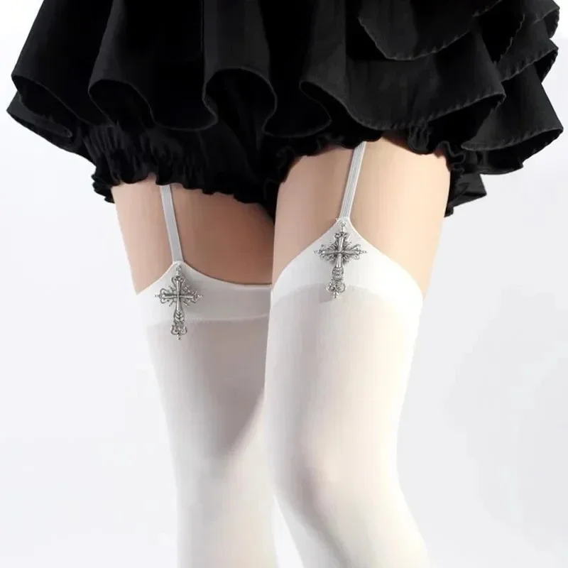 Personality Cross Decoration Woman Suspender Socks Solid Color Thin Thigh High Lolita Anime Cosplay Gothic Over Knee Stockings