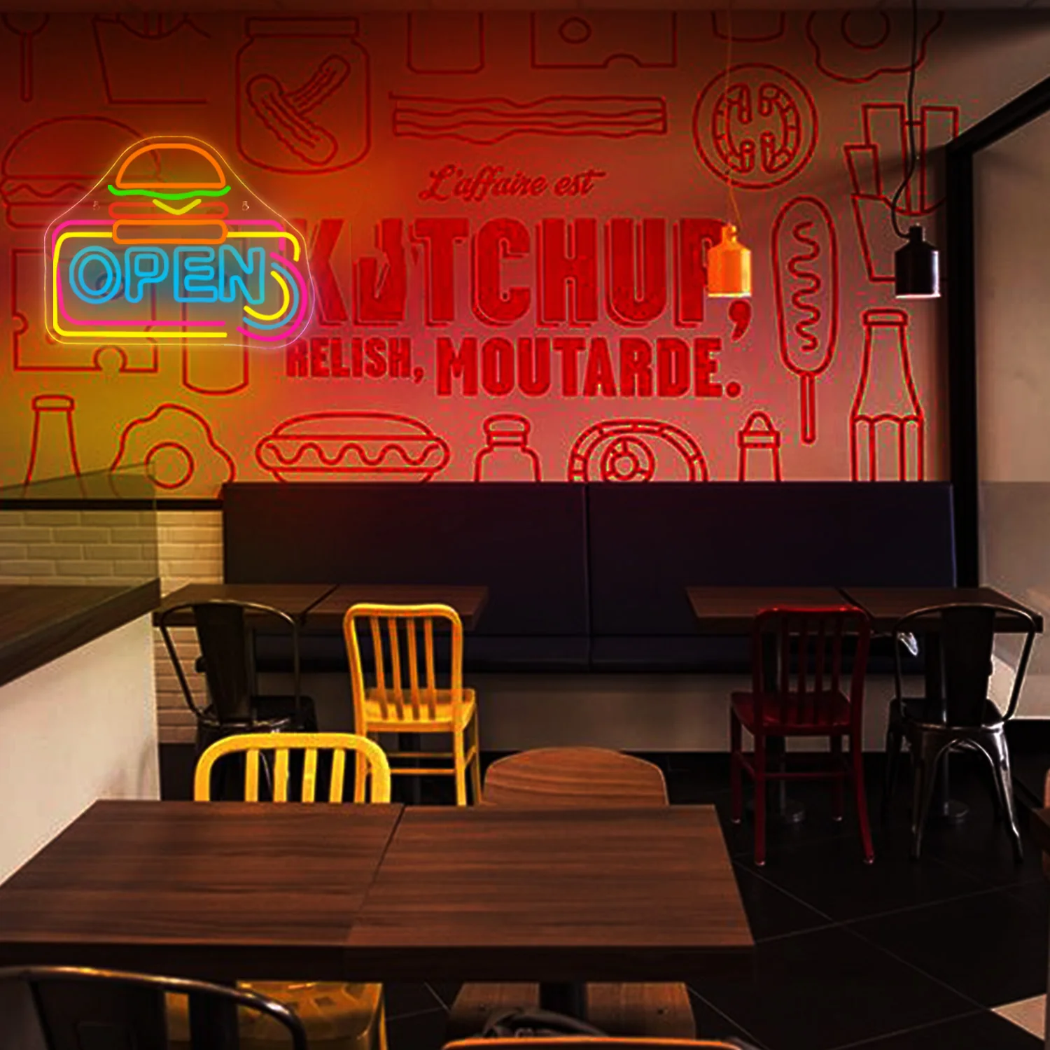 Hamburger Open Neon Sign Led Light Up Sign Burger Shop Opening Decor For Fast Food Business Led Sign Room Restaurant Decor