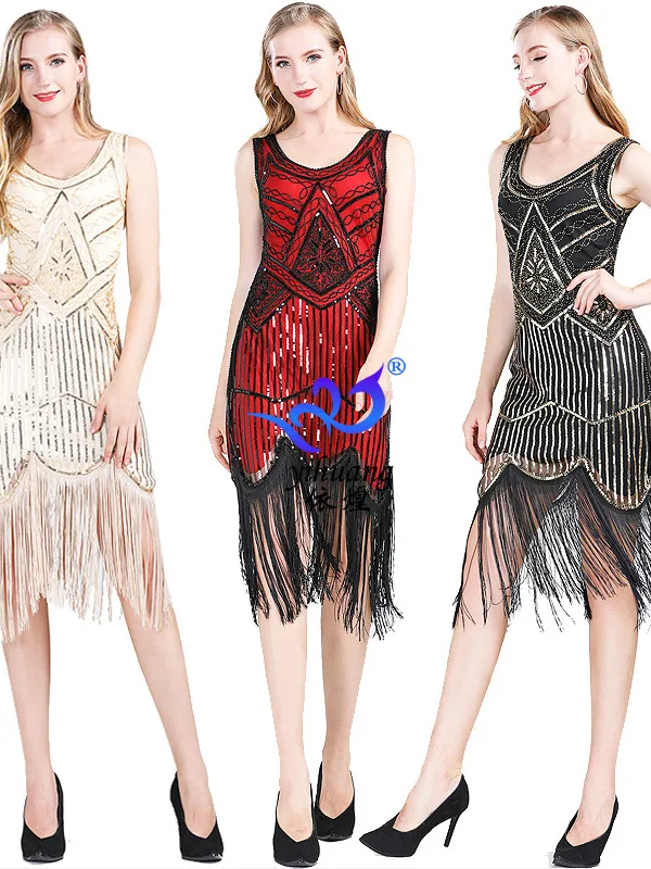 1920s Sequin Dress Woman Double V-neck Beaded Tassel Dance Dress Evening Party Latin Dance Clothes