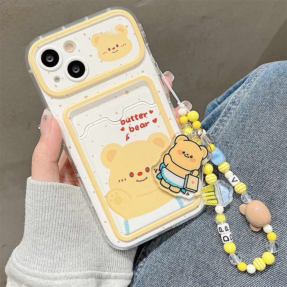 Korean Cute Cartoon Bear Card Bag Bracelet Phone Case For iphone 15 14 13 Pro Max 12 11 Lovely Lens Protection Bumper Cover Capa