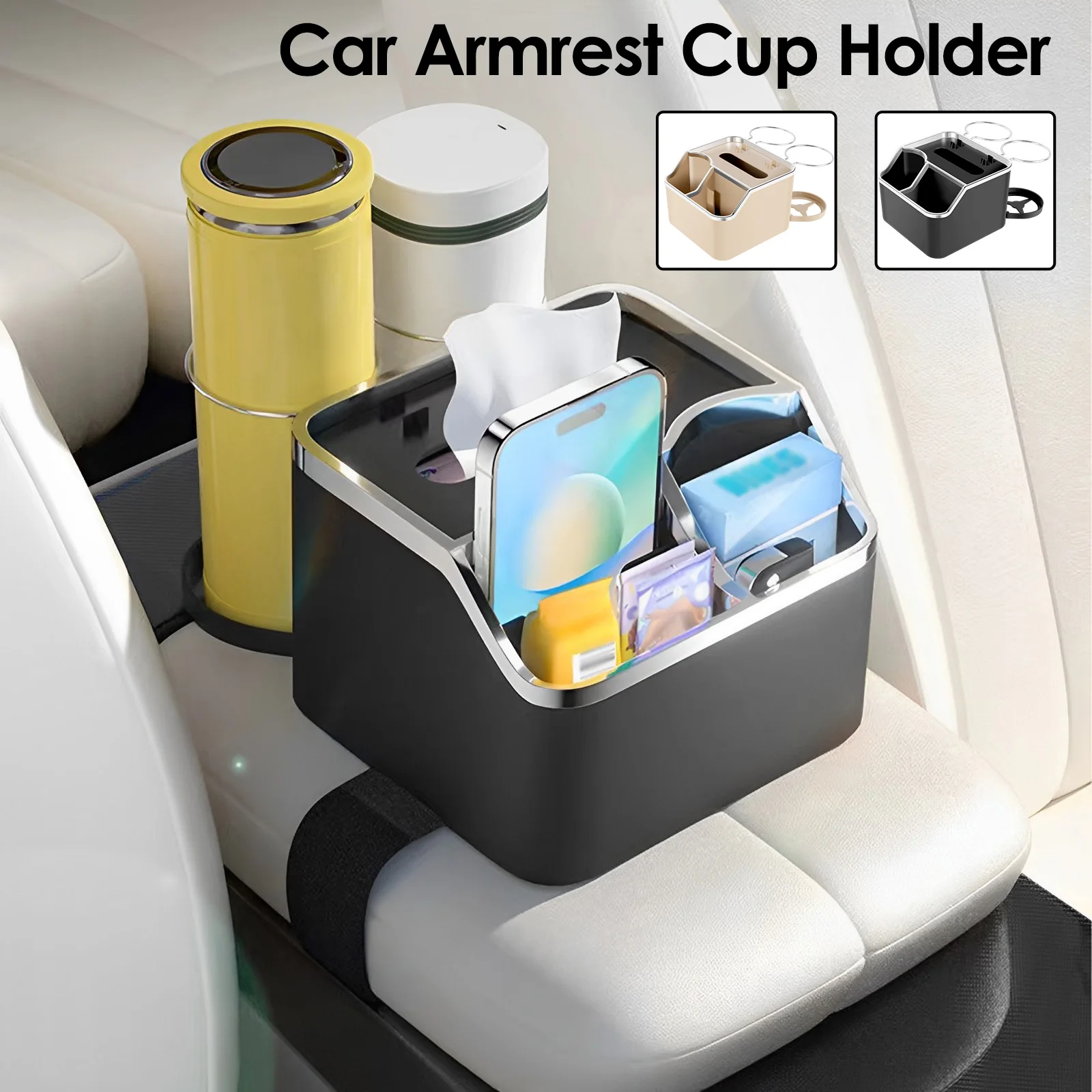 Car Armrest Storage Organizer Auto Armrest Tissue Holder with 2 Folding Cup Holder Car Interior Storage Box for Car Accessory