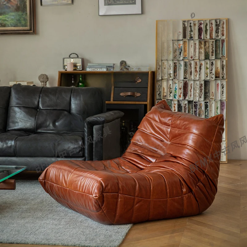 

Medieval caterpillar sofa retro oil wax leather lazy sofa small apartment, casual single sofa