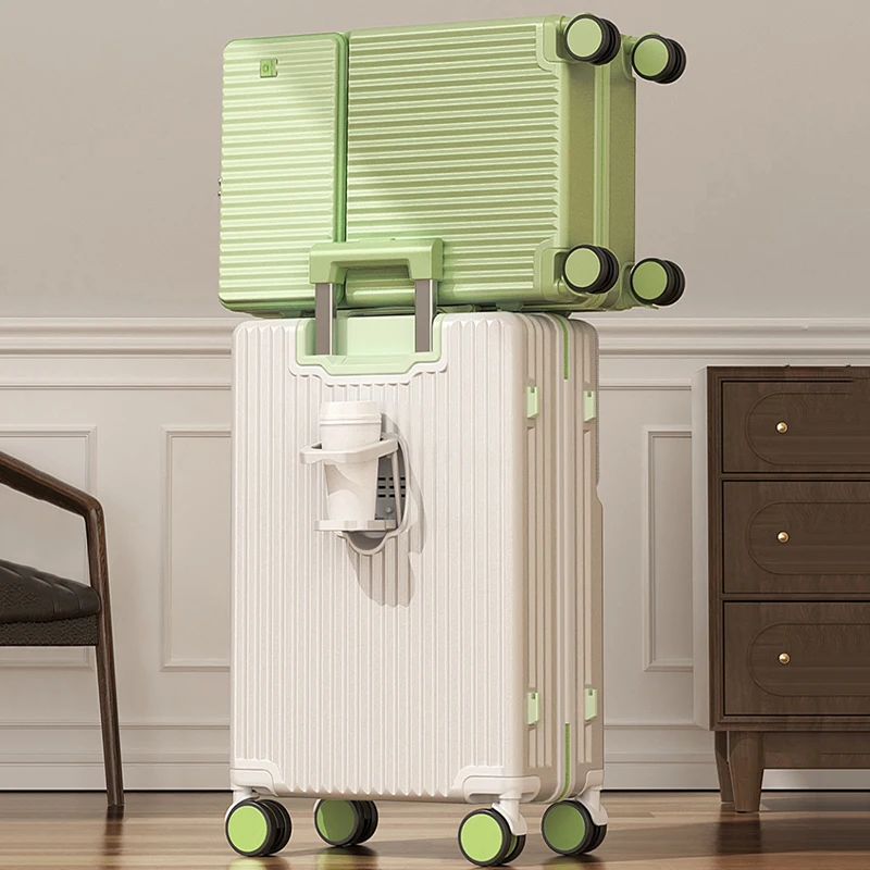 

Новинка 2025 года, чемодан на колесиках с алюминиевой рамой и USB-складной подстаканником, дорожный чемодан с паролем 20-28 дюймов