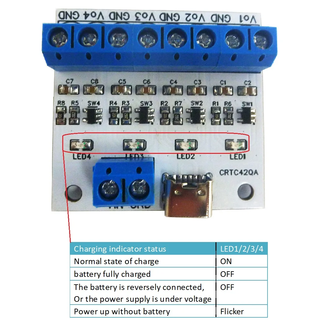 CRTC42QA 4 channels TYPE-C 1-cell Lithium LiPo Polymer Li-Ion Charger Module For 3.7V 18650 503035 603443 Battery