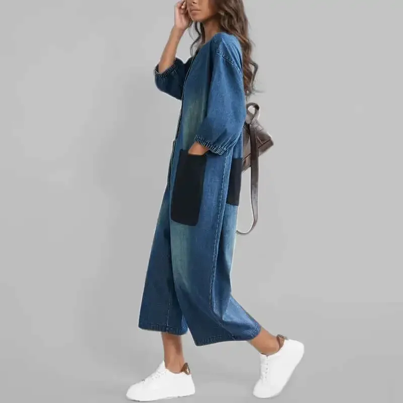 แฟชั่นผู้หญิง Patchwork กระเป๋า DENIM Jumpsuits สินค้าใหม่ O-คอเดี่ยวยืดหยุ่นแขนสั้นกางเกง