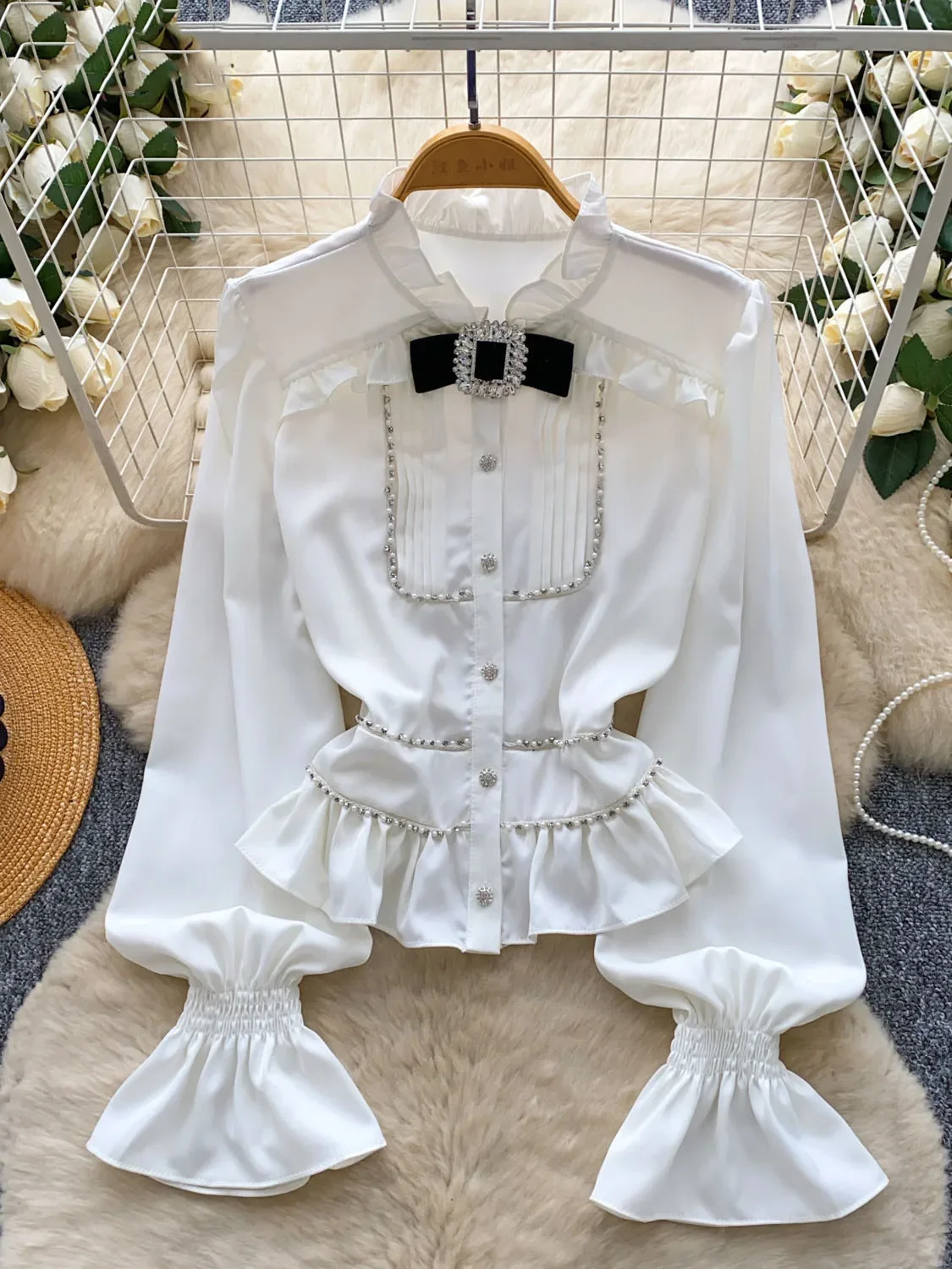 

Рубашка с тяжелым воротником-стойкой и бриллиантами, атласные блузки в стиле вестерн с тонкой талией, французские новые блузки премиум-класса