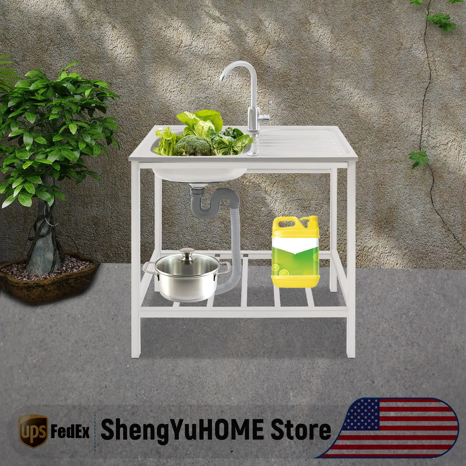 

Free Standing Sink 360° Rotatable Faucet Enhanced Load-bearing Capacity Good Drainage Under-Shelf Storage Large Capacity Silver