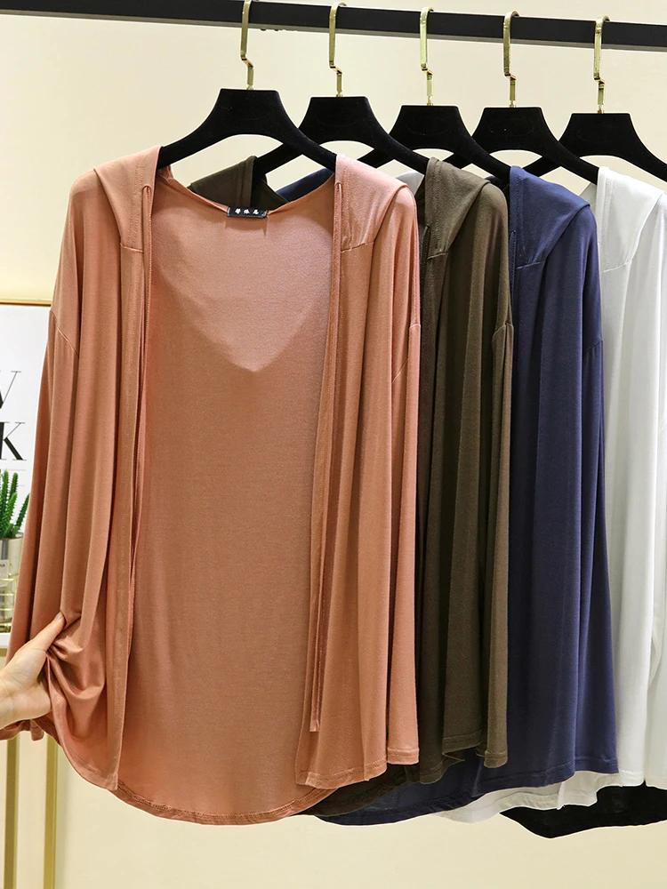 Loose Modal Hooded Open Cardigan Women Summer Thin Long Sleeve Outerwear  Color Casual Lightweight Air Conditioning Top