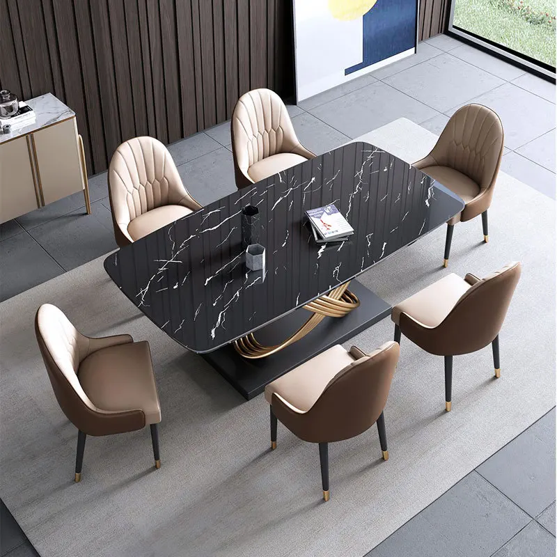 Luxury Dining Room Furniture 8 Seater Dining Table Chair Marble Stone Luxurious Mirrored Stainless Steel Gold Dinning Table Set