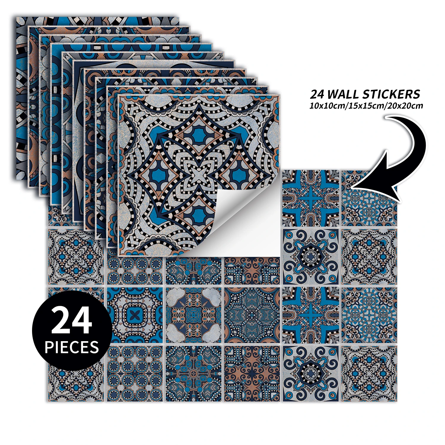 24 pcs/pack, Waterproof and Oil-proof, Easy To Clean, Classic Moroccan Pattern Self-adhesive PVC Tile Stickers