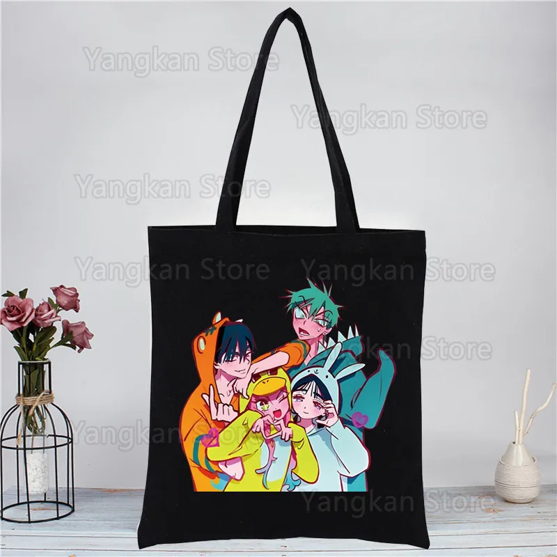 الغريبة المرحلة مخدر قابلة لإعادة الاستخدام طباعة قماش حمل حقائب سوداء Harajuku عادية أنثى فتاة حمل ايكو المتسوق حقائب كتف #5