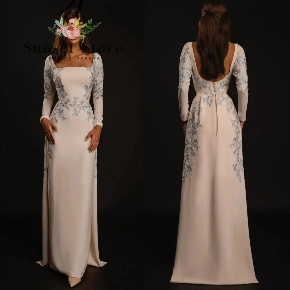 

Customized Elegant Prom Dresses Square Collar Long Sleeves Sheath Evening Dress Appliques Flower Vertically Satin Formal