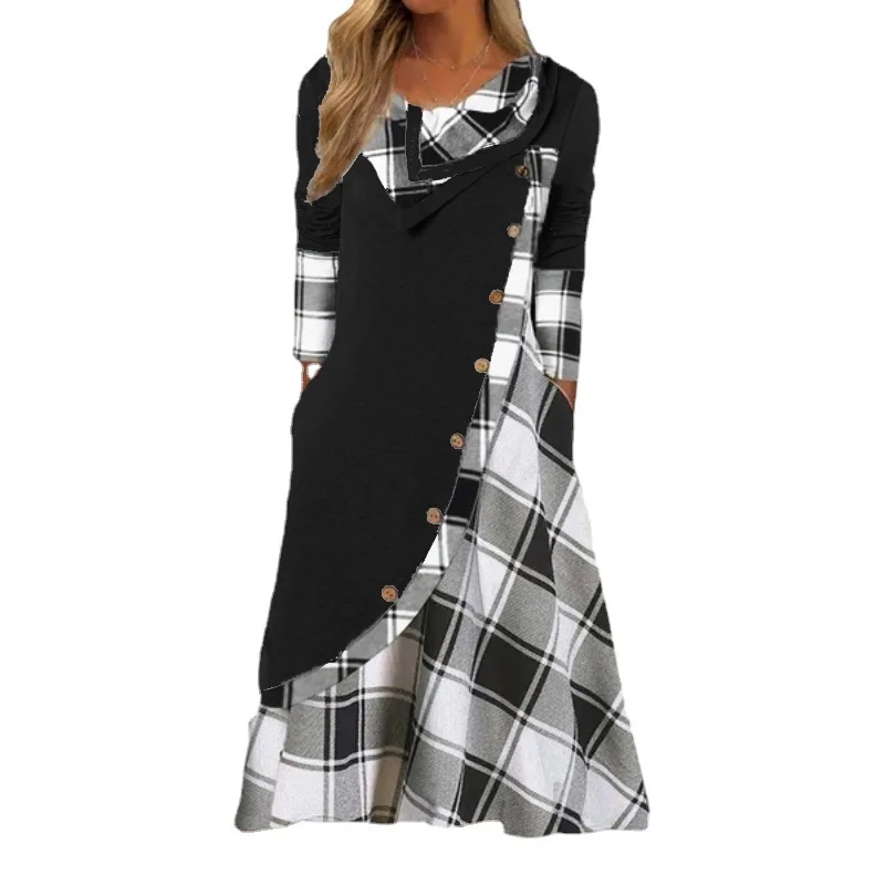 Women's Printed Plaid Dress With Spliced ​​single-breasted Multi-button Pockets And Stacked Collar Elegant Long-sleeved Dress