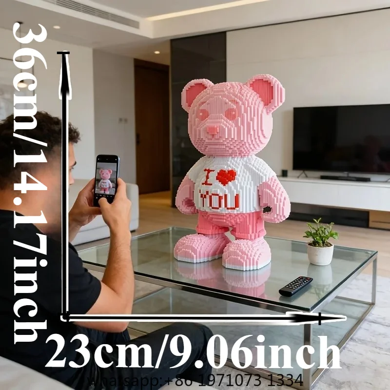 Pink Heart Bear 3D Puzzle Micro Building Block Ornament Decoration for Room Home Party Statue Handicraft Animal Bear