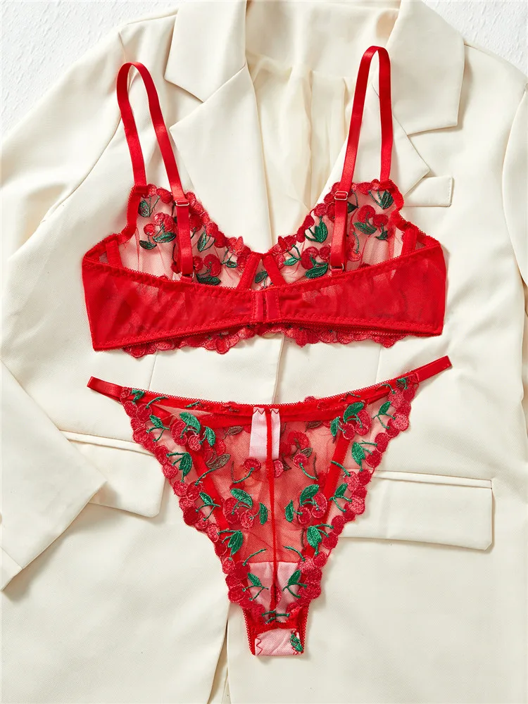 Sexy Lingerie Sets Ultra Thin Lace Transparent Underwear Romantic See Through Exotic Sets Embroidery Flowers Red Bra Brief Sets