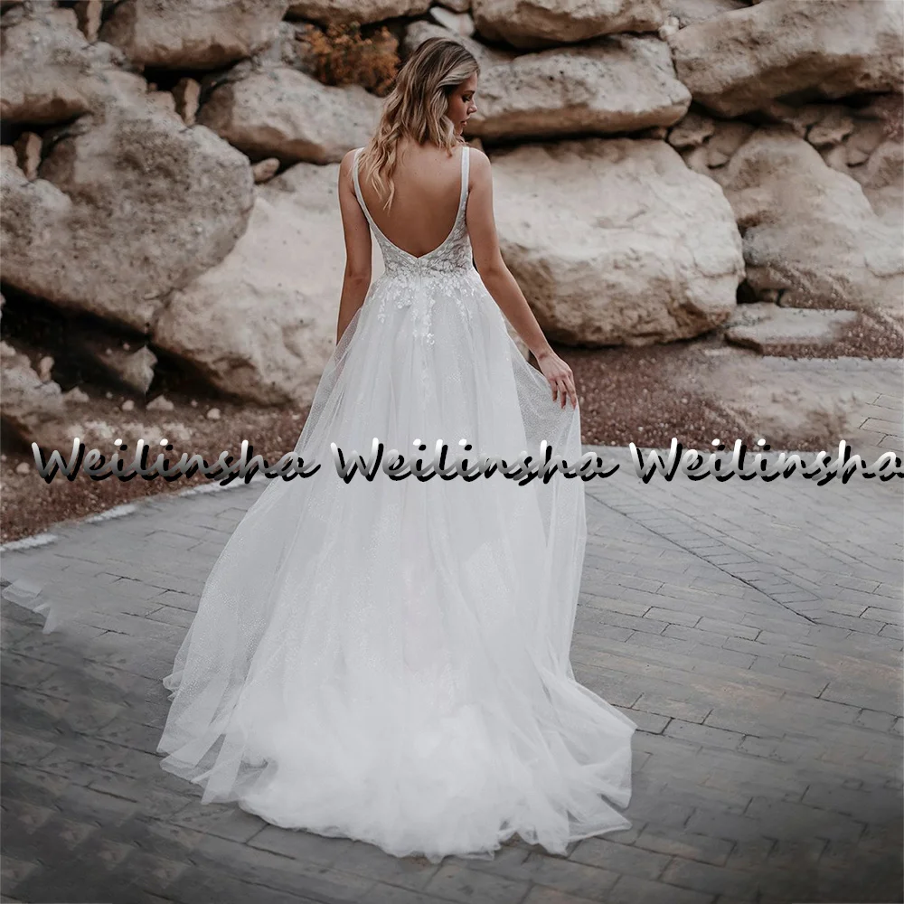 Weilinsha-Robes de mariée A-Line, Boho, Blanc, Tulle brillant, Quel que soit le dos nu, Appliques en dentelle, Mariée bohème, 2022