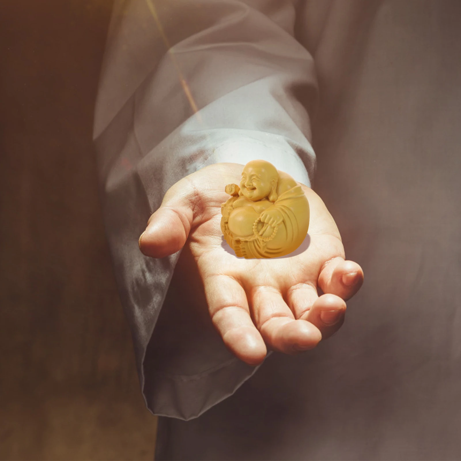 

Solid Wood Maitreya Buddha Carved Adornment Desktop Small Ornament Artistic Wooden Decor Unique Home Buddha Decoration