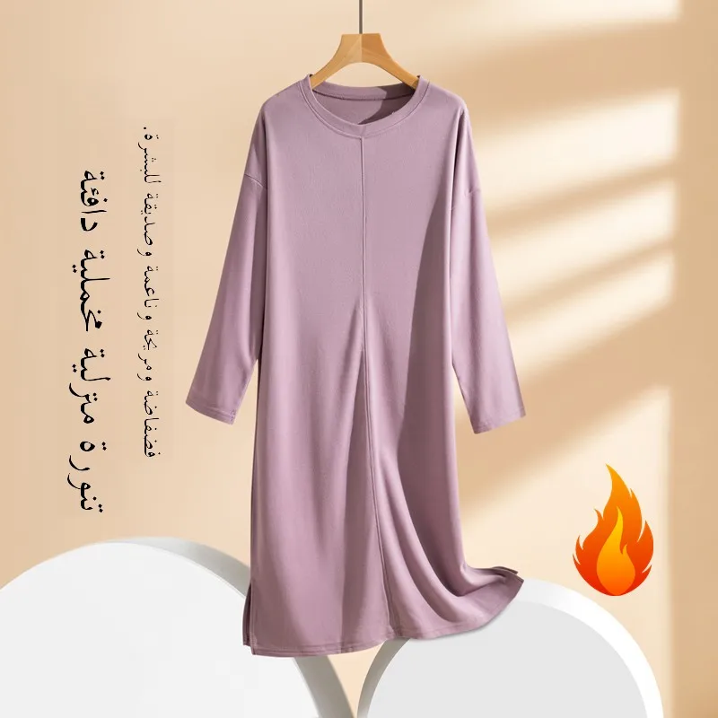 

Women's Long Sve Fce Lined Sp Dr Autumn Winter mid Length Velvet Home Clothes Mom Sle Base Skirt round Ne
