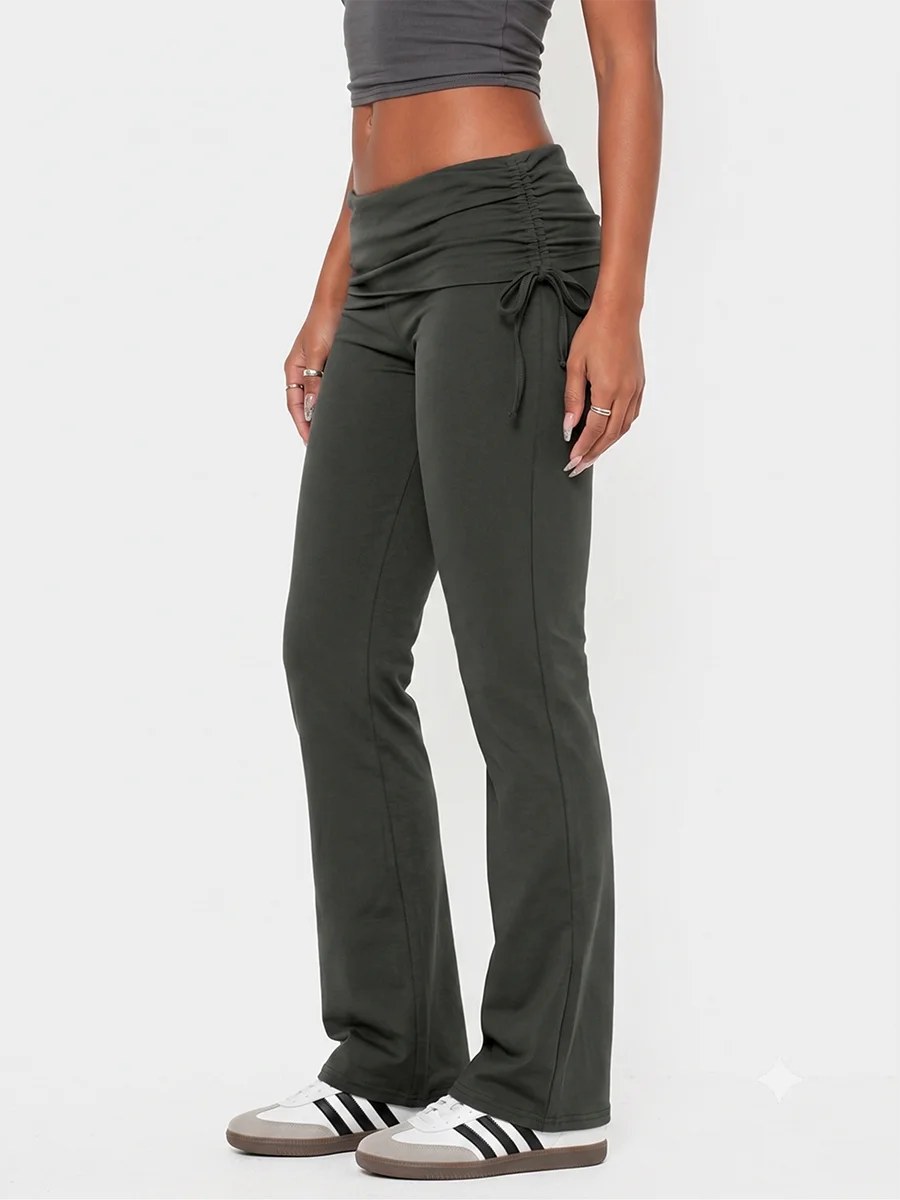 2026 Dark Grey Pants Women Fold over Waistband Leggings Side Drawstring Casual Slim Tight Athletic Sexy Low Waisted Trousers
