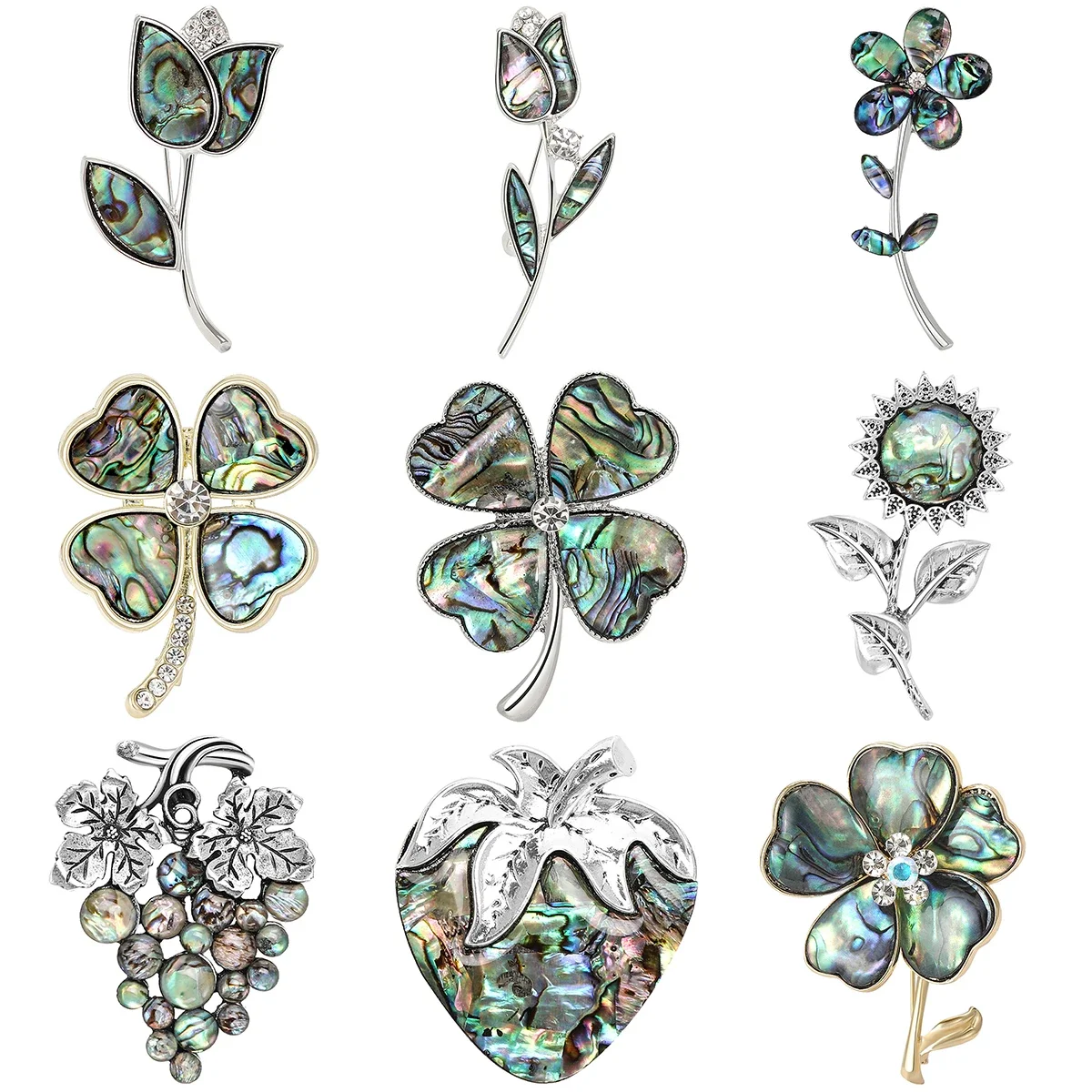 Vintage Enamel Abalone Shell Four Leaf Clover Flower Brooches for Women Unisex Fruit Plant Pins Banquet Party Accessories Gifts