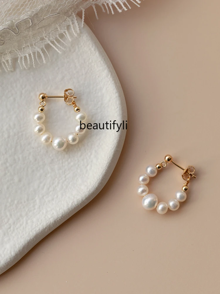 14K gold-wrapped freshwater pearl earrings light luxury simple temperament circle versatile earrings