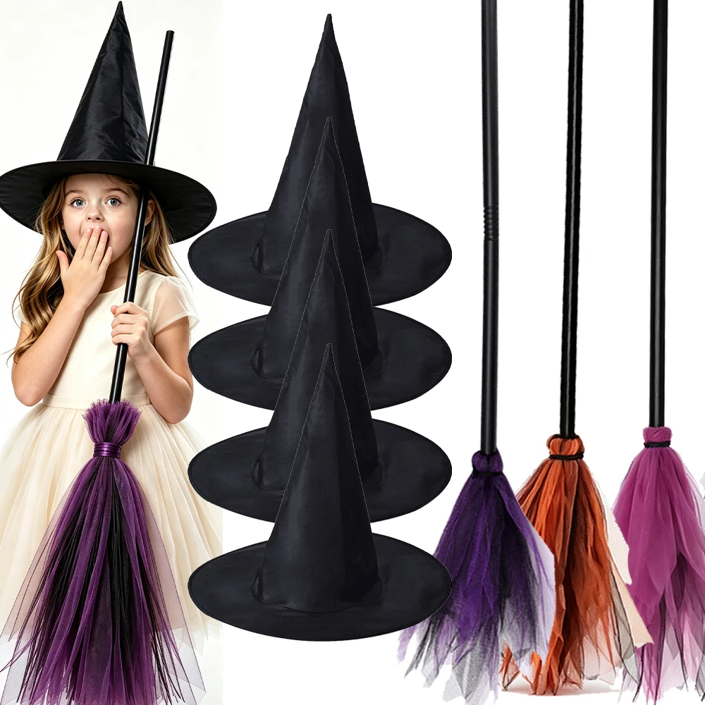 Halloween Witch Cosplay Props Set with Black Magic Hat and Flying Broomstick description 1