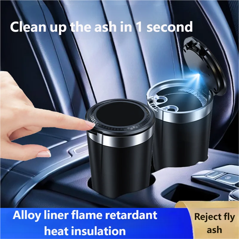 

Portable Can LED Ashtray Smokeless Auto Cigarette Ash Holder with Lid Detachable Metal Lining One-Click Push Open Splash-Proof