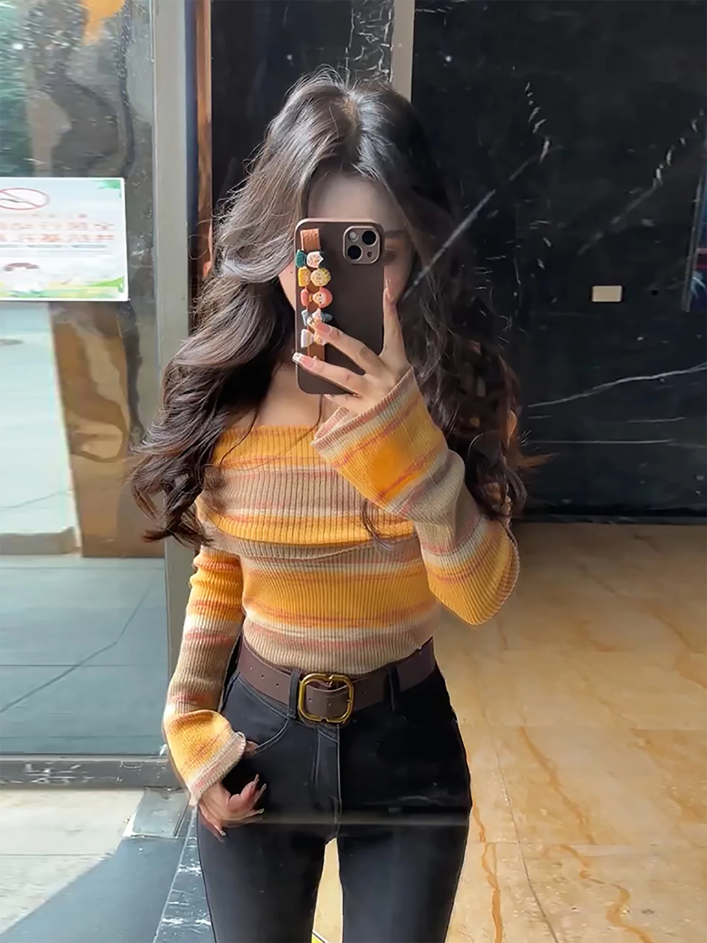 

Ele Striped Long Sve Knitted oulder Bared Women's Faion Top for Autumn Winter Slim Fit Base Layer Trendy irt