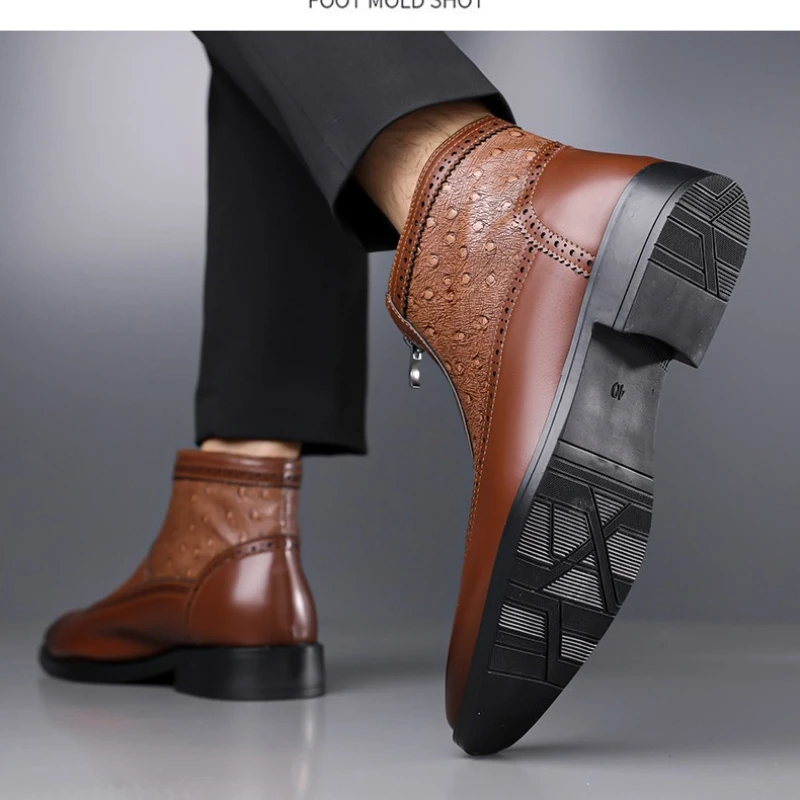 Men Ostrich Embossed Chelsea Ankle Boots 2026 Front Zip Microfiber Rubber Sole Breathable Large‑size Dress Boots Black Brown