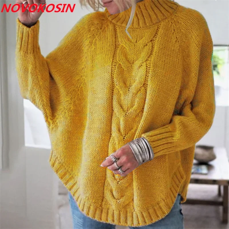 Autumn Women Solid Knitted Loose Twistsy Sweater Long Batwing Sleeves High Neck Elastic Pullovers Circular Pendulum Knitwear