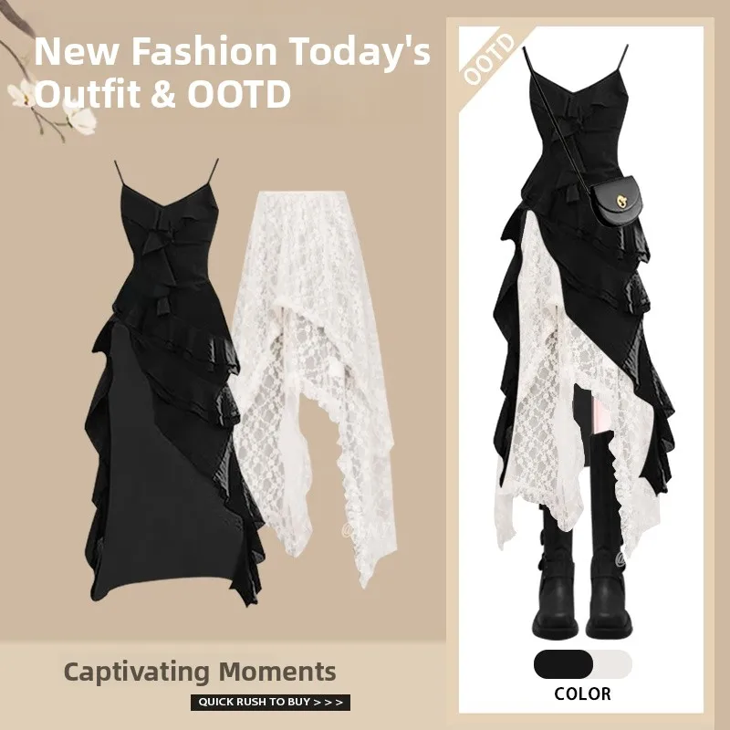 Été dentelle conception asymétrique femmes Dr Ensemble décontracté taille haute a-ligne jupe longue Sve u-ne t-shirt Ensemble