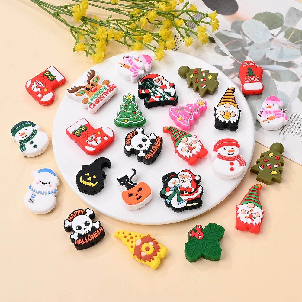 5pcs Christmas Series Silicone Beads Random Style Loose Beads For Baby Pacifier Chain DIY Handmade Jewelry Making Accessories