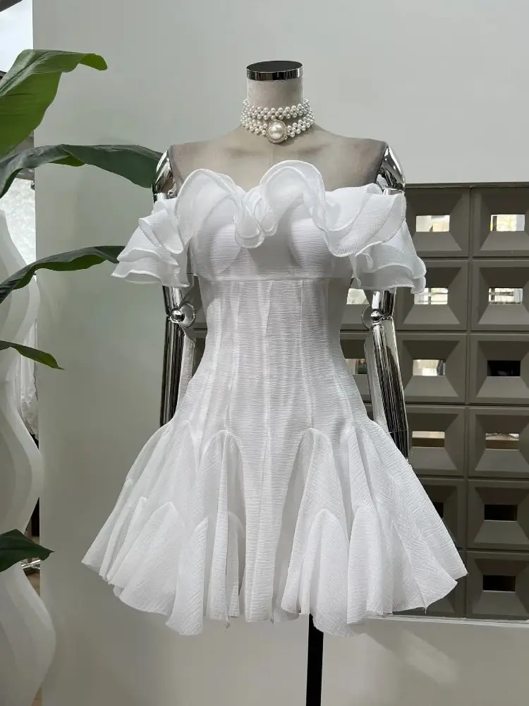 

Summer New Fashionable Sexy Women Dresses Sleeveless Ruffle Edge Slant Neck Solid Color Women's Party Cocktail Evening Dress