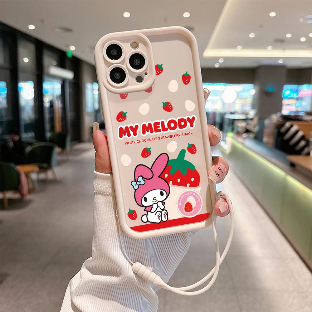 Urocze etui na telefon Kawaii Sanrio Melody do iPhone\'a 15 14 13 12 11 Pro Max Mini XR XS X 7 8 Plus Miękka tylna obudowa TPU z paskiem na rękę